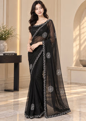 Vervee Couture Women Black Stone Embellished Poly Net Saree