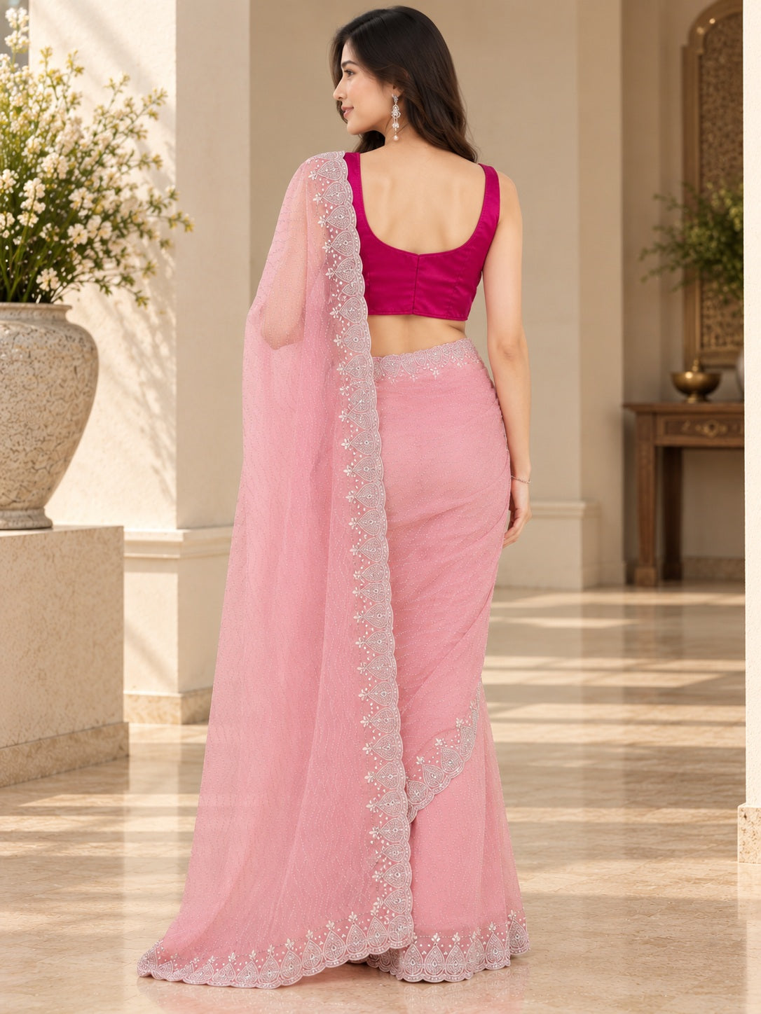 Vervee Couture Women Pink Embellished Net Saree with Semi-Stitched Designer Blouse