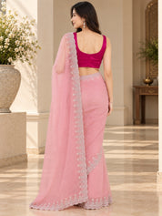 Vervee Couture Women Pink Embellished Net Saree with Semi-Stitched Designer Blouse