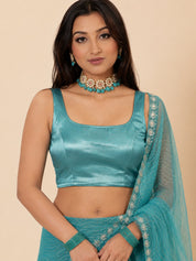 Vervee Couture Women Turquoise Blue Embellished Net Saree with Semi-Stitched Designer Blouse