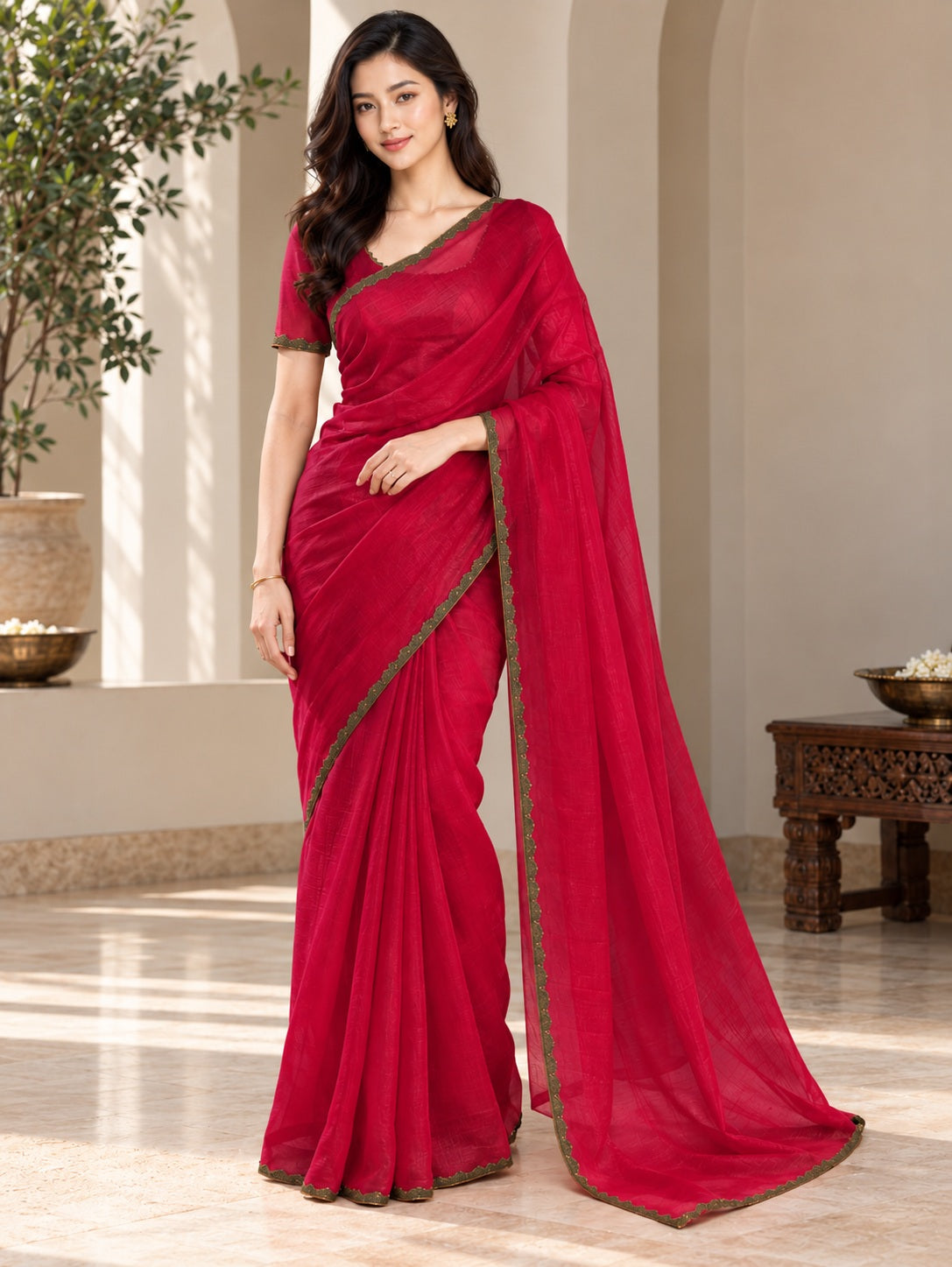 Vervee Couture Women Magenta Solid Tissue Saree