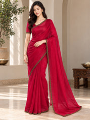 Vervee Couture Women Magenta Solid Tissue Saree