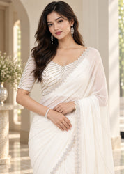 Vervee Couture Women Off White Embellished Poly Georgette Saree with Semi-Stitched Designer Blouse