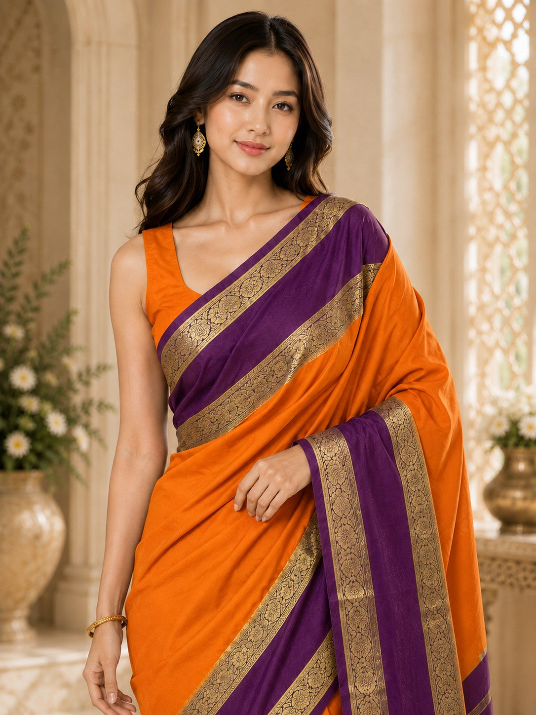 Vervee Couture Women Orange & Purple Woven Design Zari Silk Blend Saree