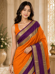 Vervee Couture Women Orange & Purple Woven Design Zari Silk Blend Saree