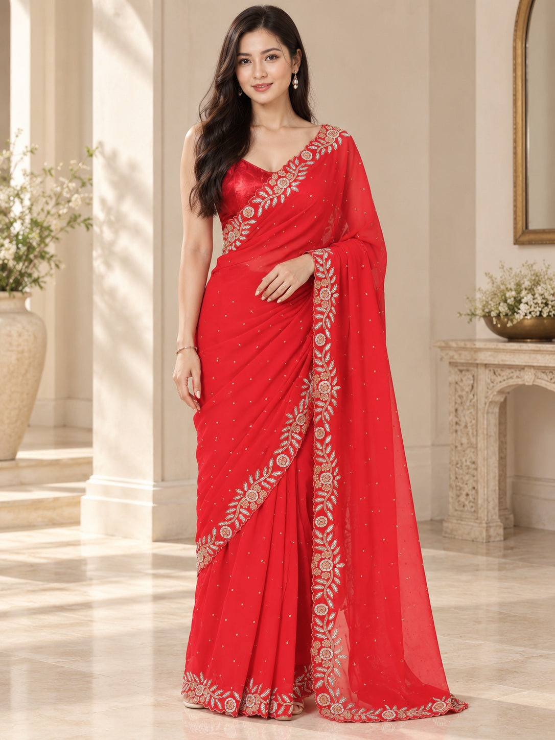 Vervee Couture Women Red Embellished Poly Georgette Saree with Semi-Stitched Designer Blouse