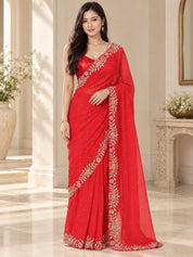Vervee Couture Women Red Embellished Poly Georgette Saree with Semi-Stitched Designer Blouse