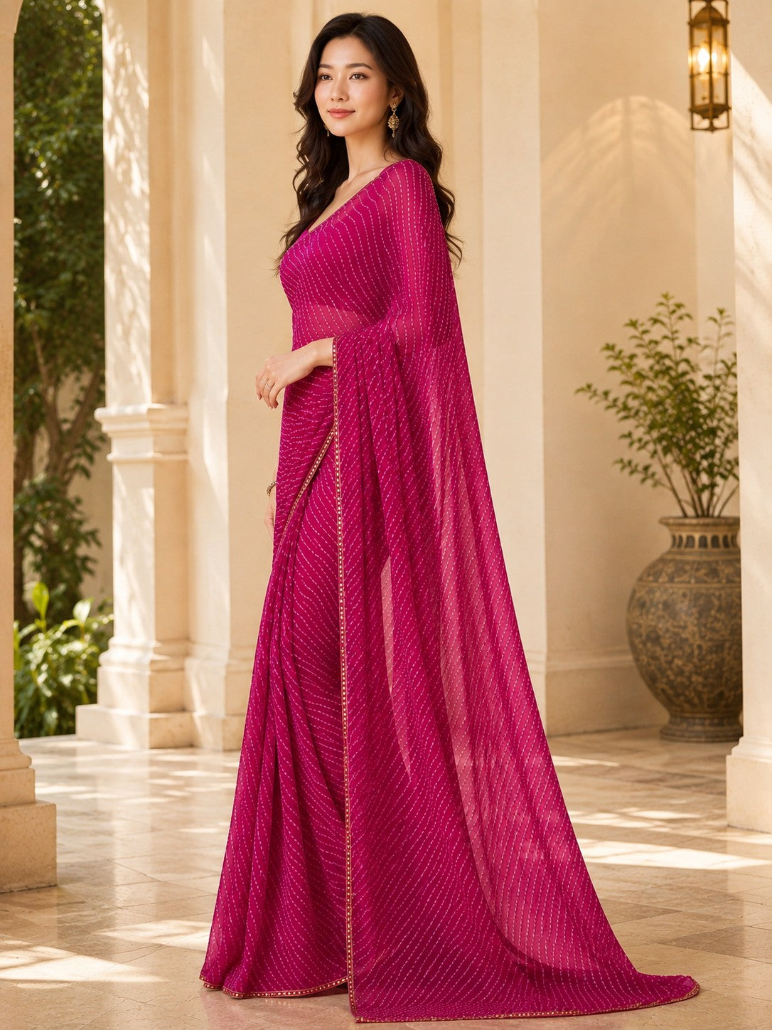 Vervee Couture Women Magenta Leheriya Georgette Saree with Semi-Stitched Blouse