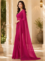 Vervee Couture Women Magenta Leheriya Georgette Saree with Semi-Stitched Blouse