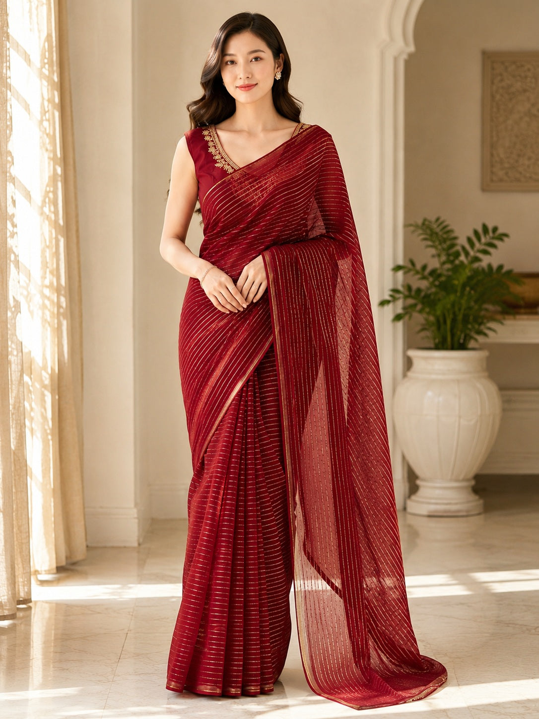 Vervee Couture Women Maroon Striped Georgette Saree with Semi-Stitched Designer Blouse