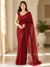 Vervee Couture Women Maroon Striped Georgette Saree with Semi-Stitched Designer Blouse