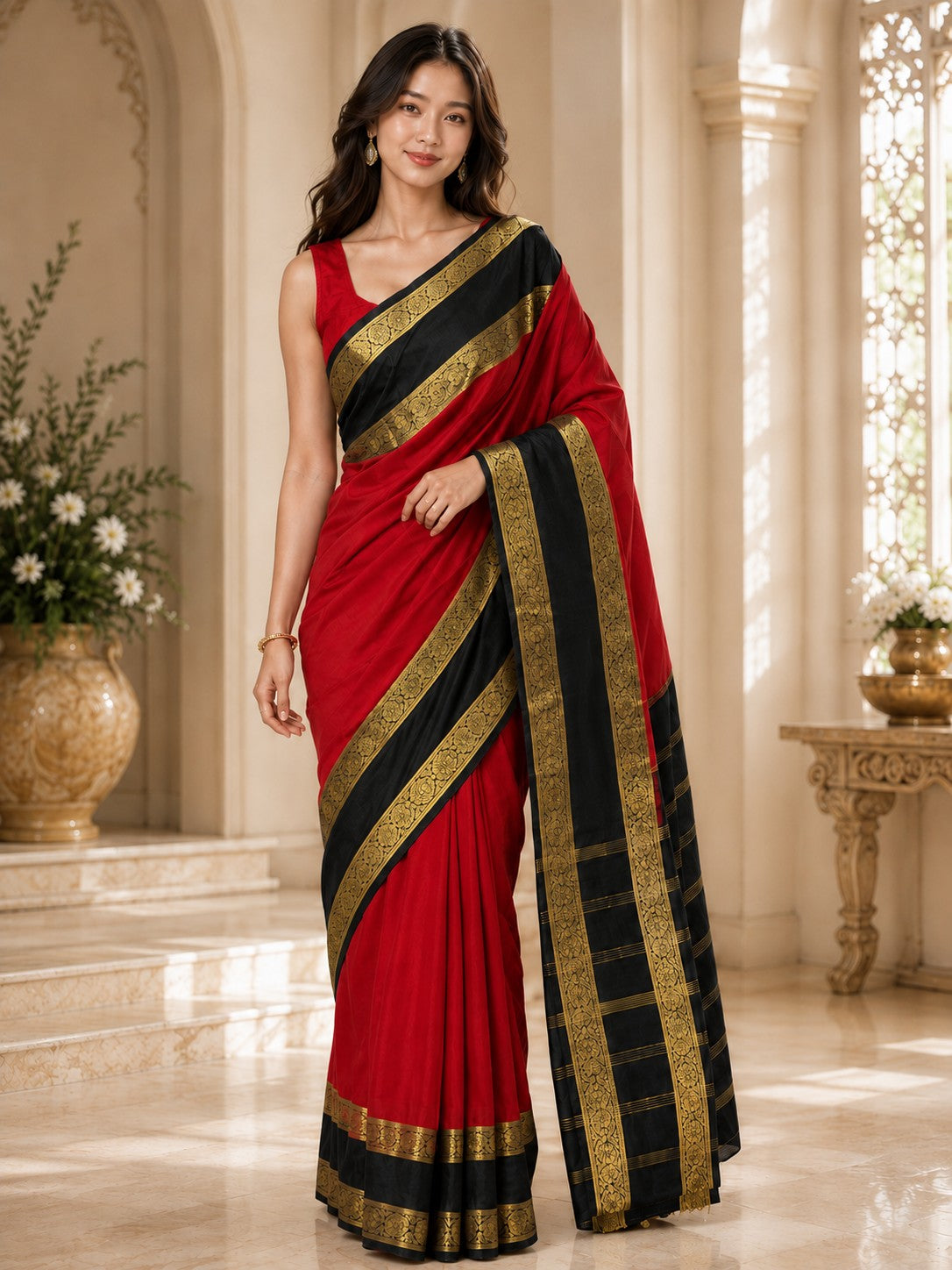 Vervee Couture Women Red & Black Woven Design Zari Silk Blend Saree