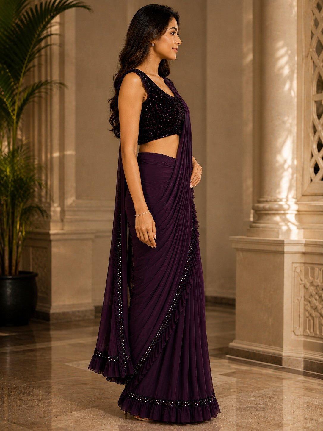 Vervee Couture Women Purple Embellished Ruffled Ready to Wear Saree