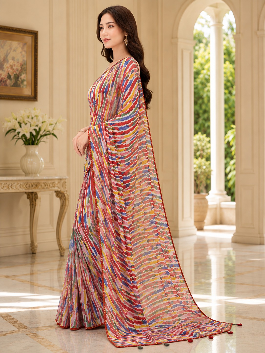 Women Off White Multicoloured Abstract Printed Georgette Saree with Semi-Stitched Blouse
