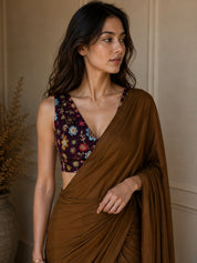 Vervee Couture Women Brown Satin Saree with Semi-Stitched Designer Blouse