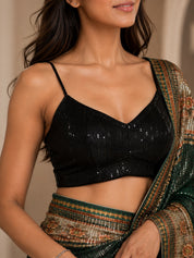 Vervee Couture Women Green Sequinned Net Saree with Semi-Stitched Designer Blouse
