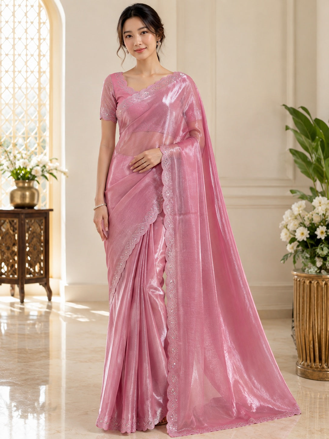 Vervee Couture Women Pink Embellished Tissue Organza Saree