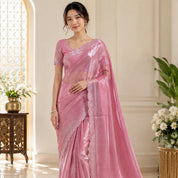 Vervee Couture Women Pink Embellished Tissue Organza Saree