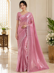 Vervee Couture Women Pink Embellished Tissue Organza Saree