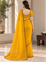 Vervee Couture Women Mustard Yellow Solid Tissue Saree
