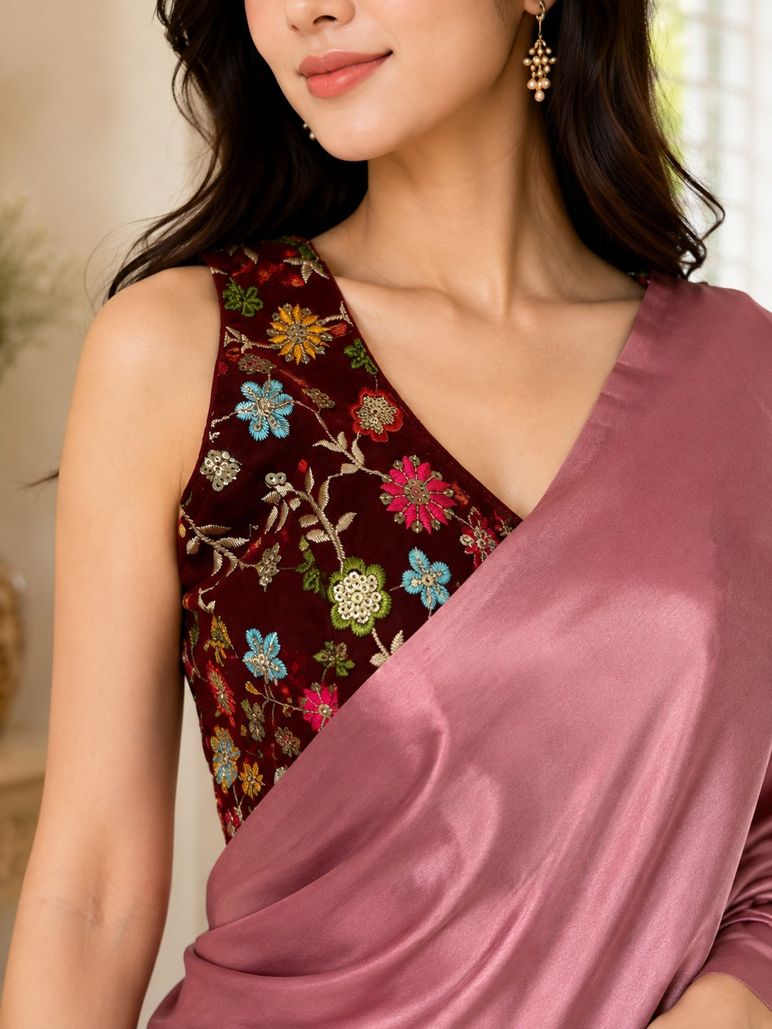 Vervee Couture Women Dusty Pink Solid Satin Saree with Semi-Stitched Designer Blouse