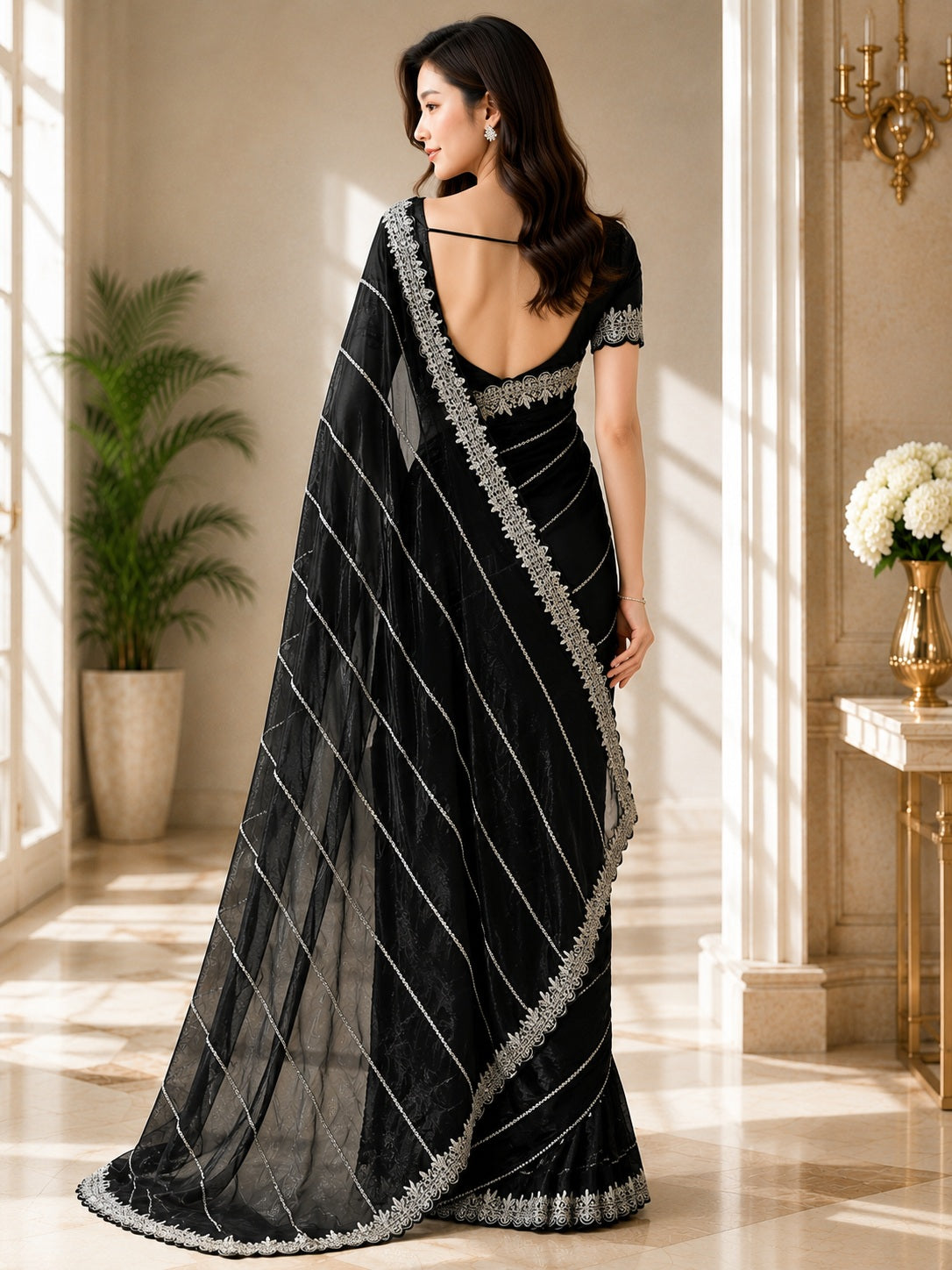 Vervee Couture Women Black Silver Embellished Poly Net Saree