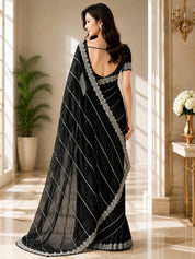 Vervee Couture Women Black Silver Embellished Poly Net Saree