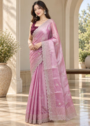 Vervee Couture Women Mauve Embellished Tissue Saree with Semi-Stitched Designer Blouse