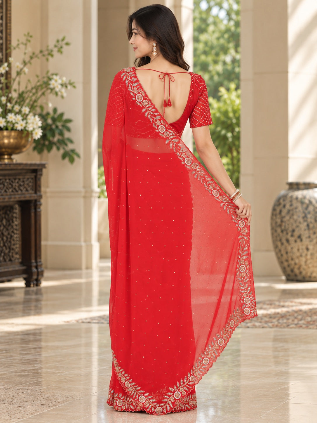 Vervee Couture Women Red Embellished Poly Georgette Saree with Semi-Stitched Designer Blouse
