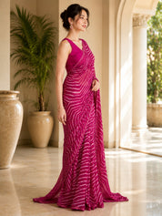 Vervee Couture Women Magenta Leheriya Georgette Saree with Semi-Stitched Blouse