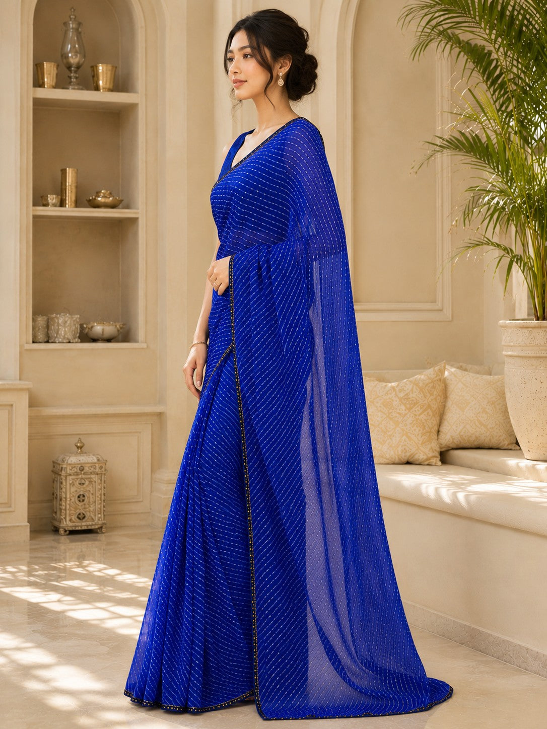 Vervee Couture Women Blue Leheriya Georgette Saree with Semi-Stitched Blouse