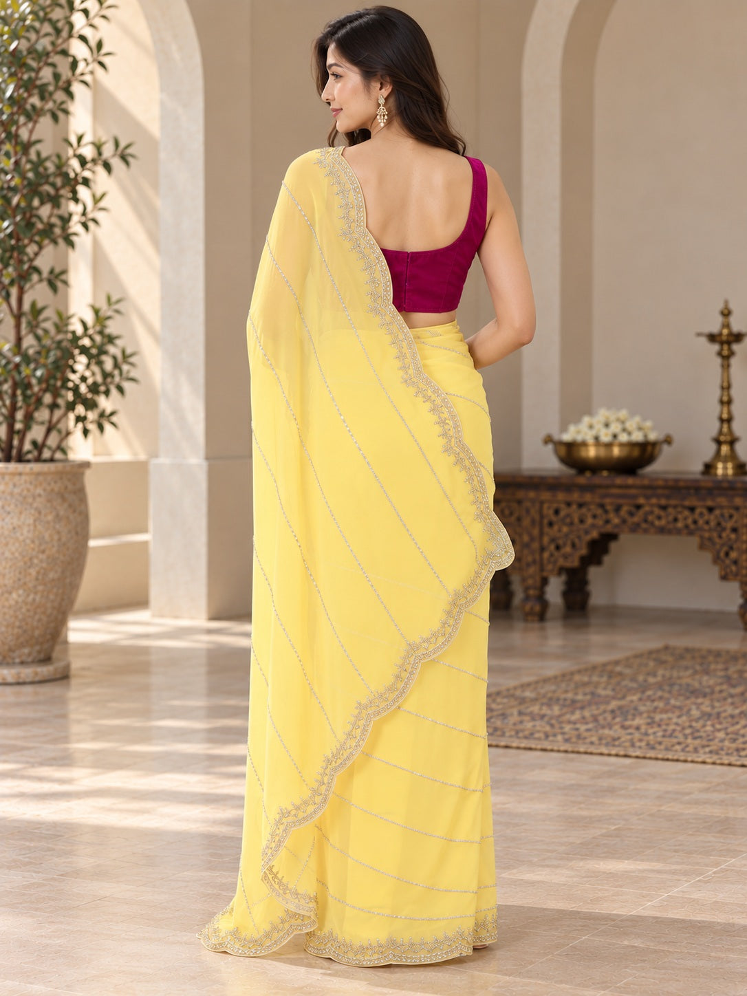 Vervee Couture Women Yellow Embellished Poly Georgette Saree with Semi-Stitched Designer Blouse