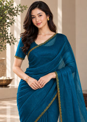 Vervee Couture Women Teal Solid Tissue Saree