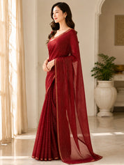 Vervee Couture Women Maroon Striped Georgette Saree with Semi-Stitched Designer Blouse