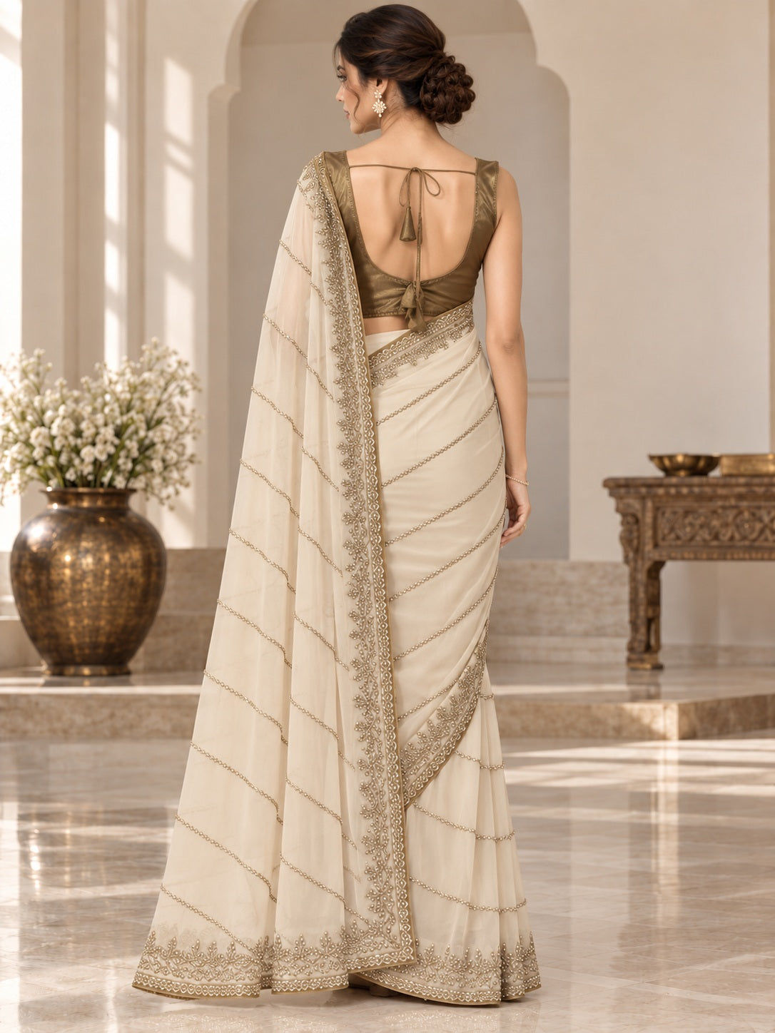 Vervee Couture Women Cream Embellished Poly Georgette Saree with Semi-Stitched Designer Blouse