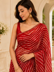 Vervee Couture Women Red Leheriya Georgette Saree with Semi-Stitched Blouse
