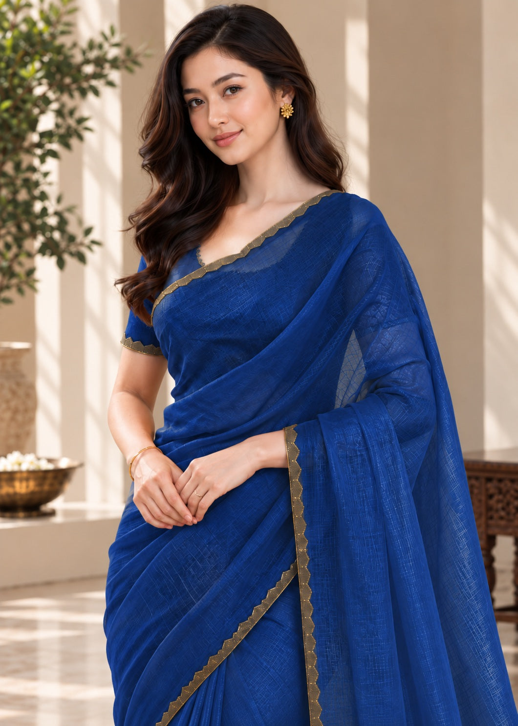 Vervee Couture Women Royal Blue Solid Tissue Saree