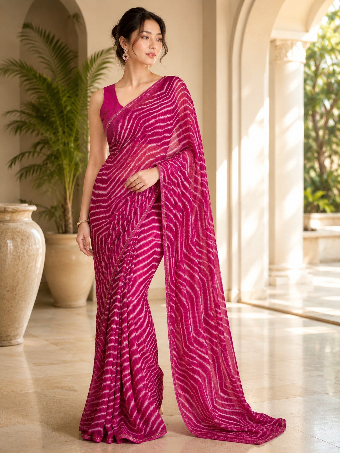 Vervee Couture Women Magenta Leheriya Georgette Saree with Semi-Stitched Blouse
