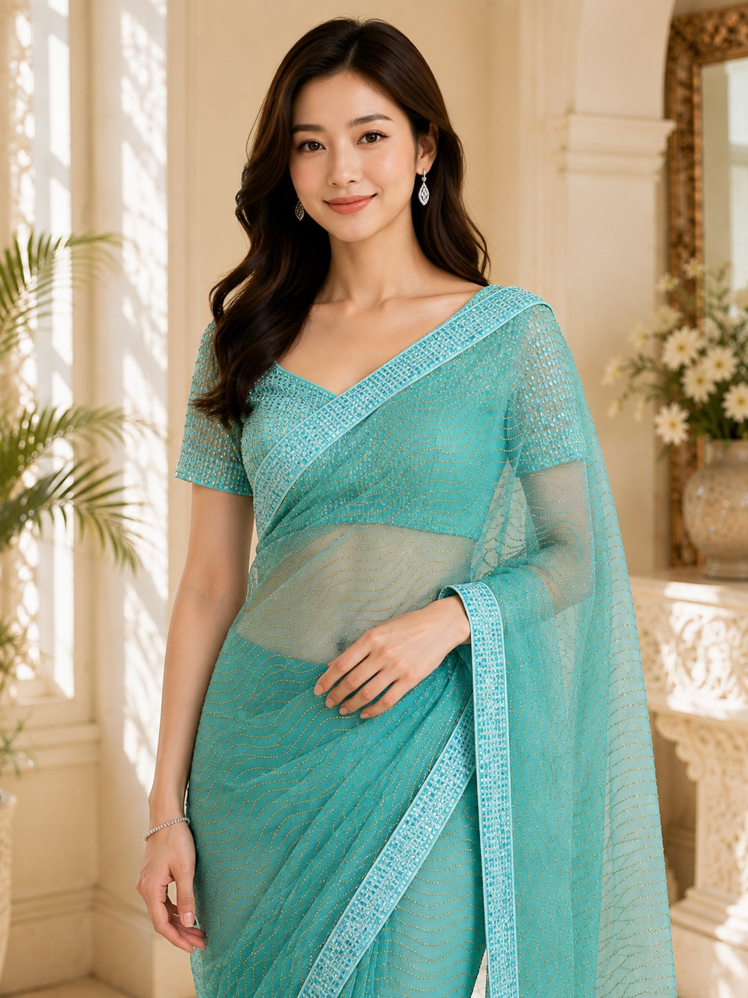 Vervee Couture Women Sea Green Wavy Embellished Poly Net Saree