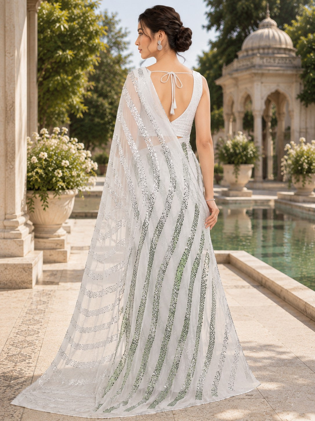 Vervee Couture Women White and Green Embellished Georgette Saree