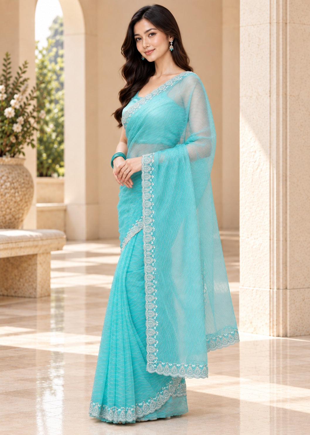 Vervee Couture Women Turquoise Blue Embellished Net Saree with Semi-Stitched Designer Blouse