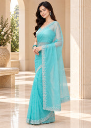 Vervee Couture Women Turquoise Blue Embellished Net Saree with Semi-Stitched Designer Blouse