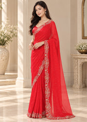 Vervee Couture Women Red Embellished Poly Georgette Saree with Semi-Stitched Designer Blouse