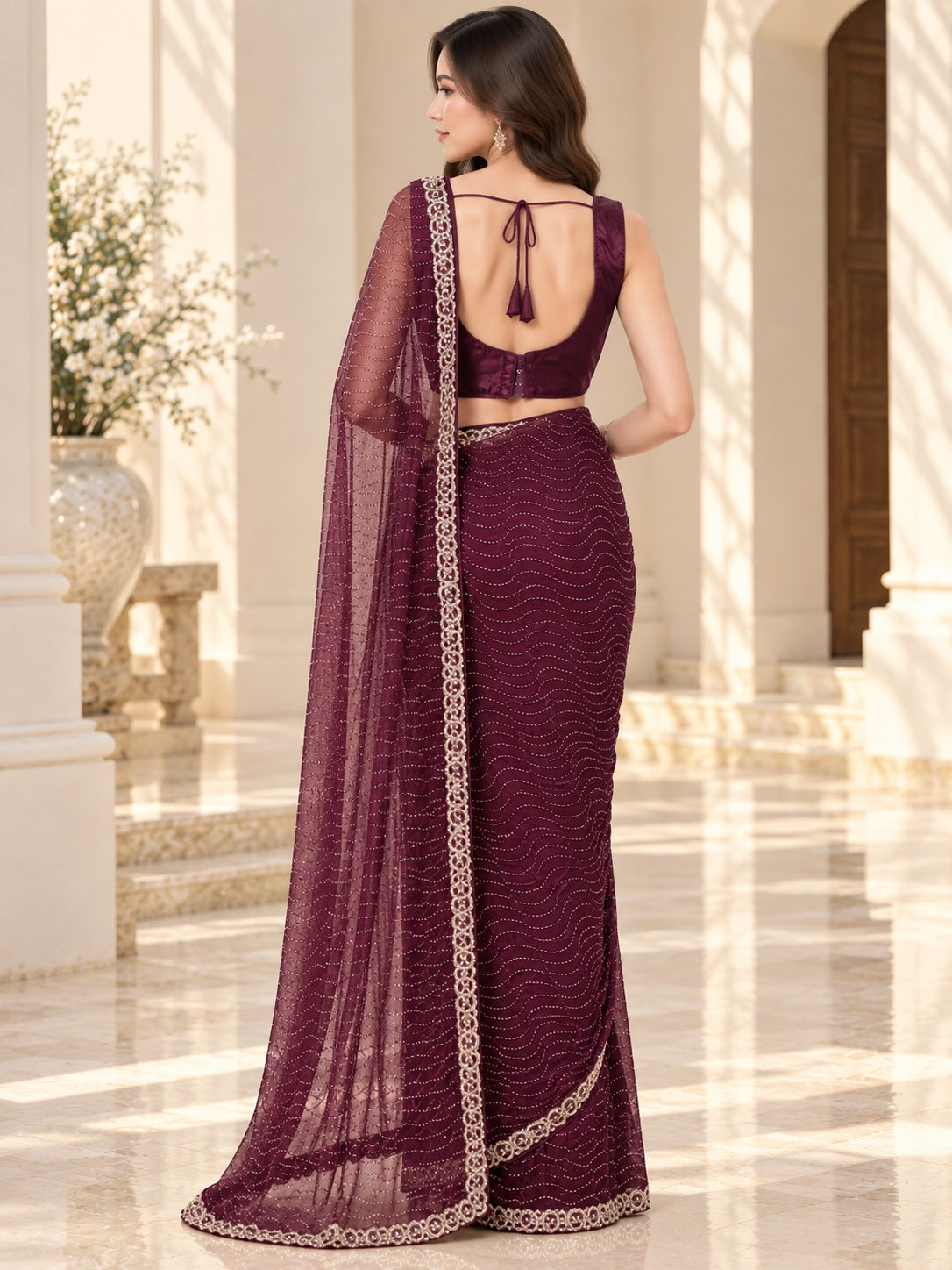 Vervee Couture Women Wine Embellished Net Saree with Semi-Stitched Designer Blouse