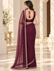 Vervee Couture Women Wine Embellished Net Saree with Semi-Stitched Designer Blouse