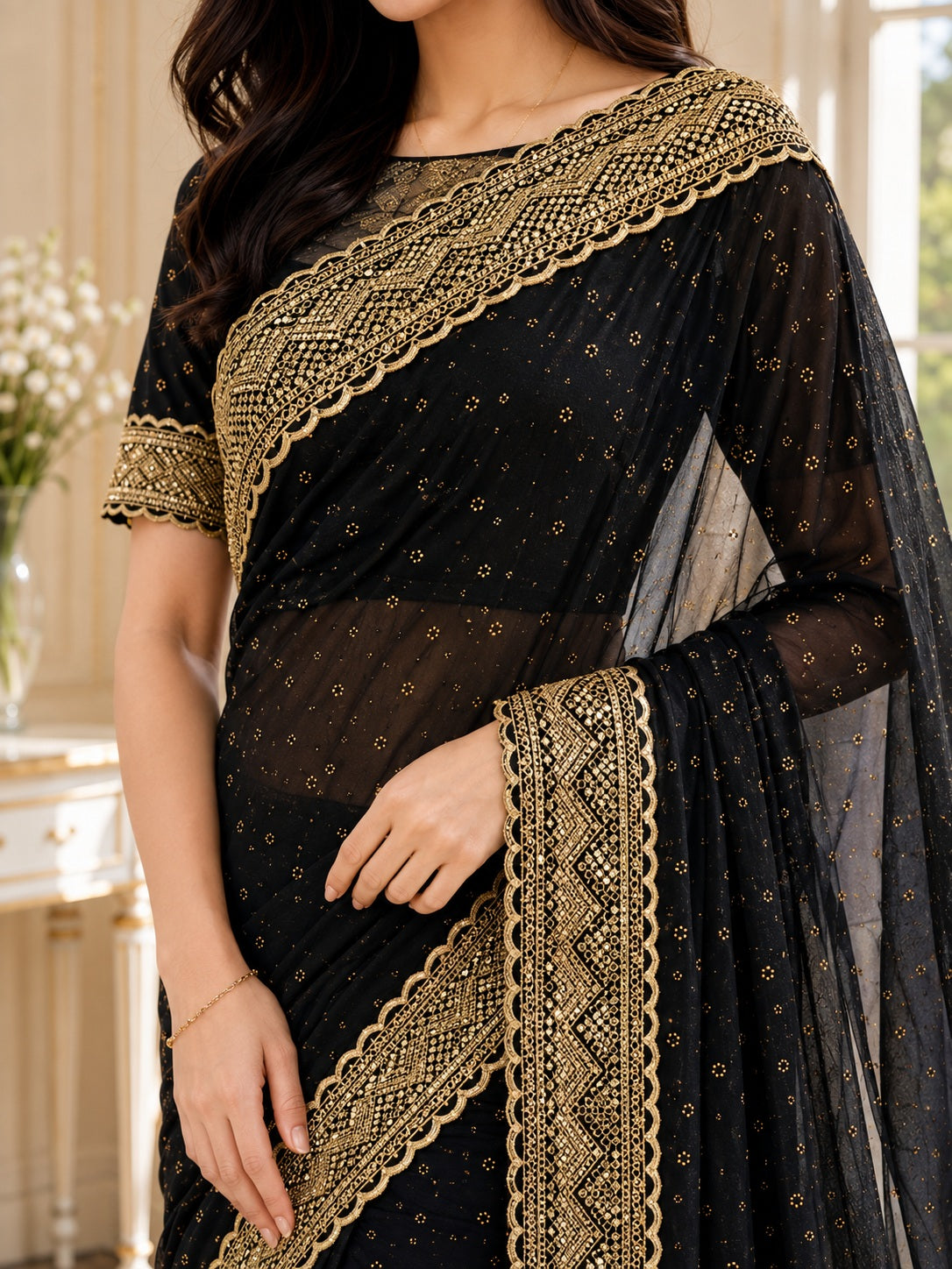 Vervee Couture Women Black Embellished Net Saree