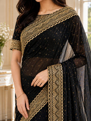Vervee Couture Women Black Embellished Net Saree