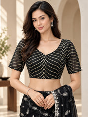 Vervee Couture Women Black Embroidered Net Saree with Semi-Stitched Designer Blouse