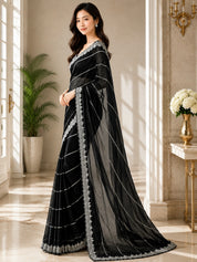 Vervee Couture Women Black Silver Embellished Poly Net Saree