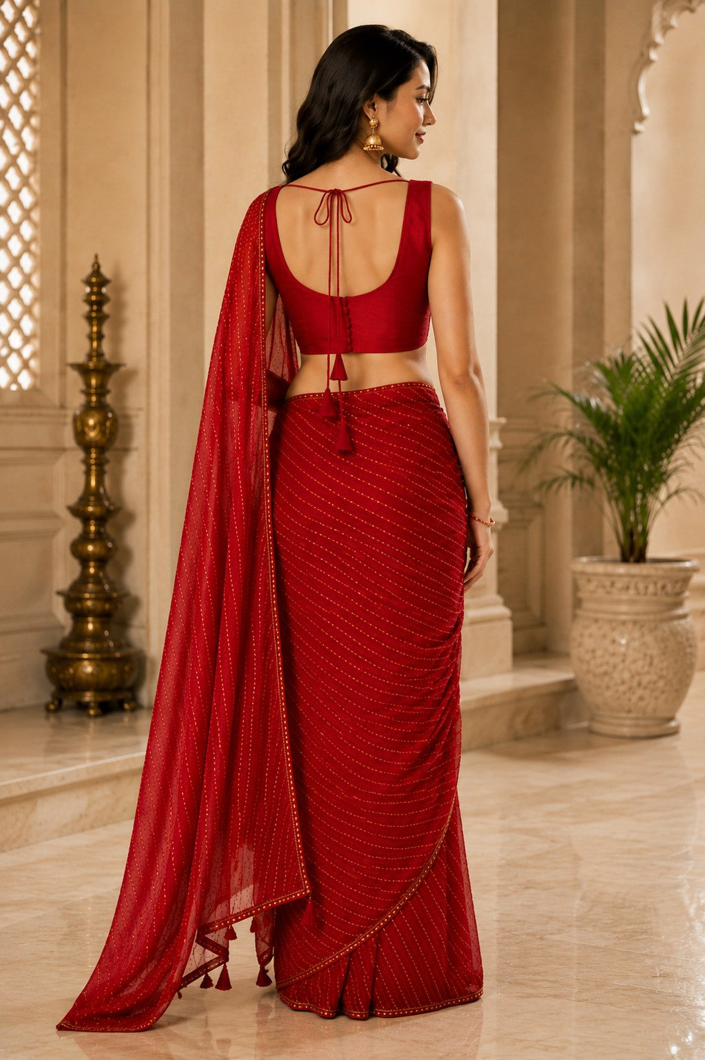 Vervee Couture Women Red Leheriya Georgette Saree with Semi-Stitched Blouse